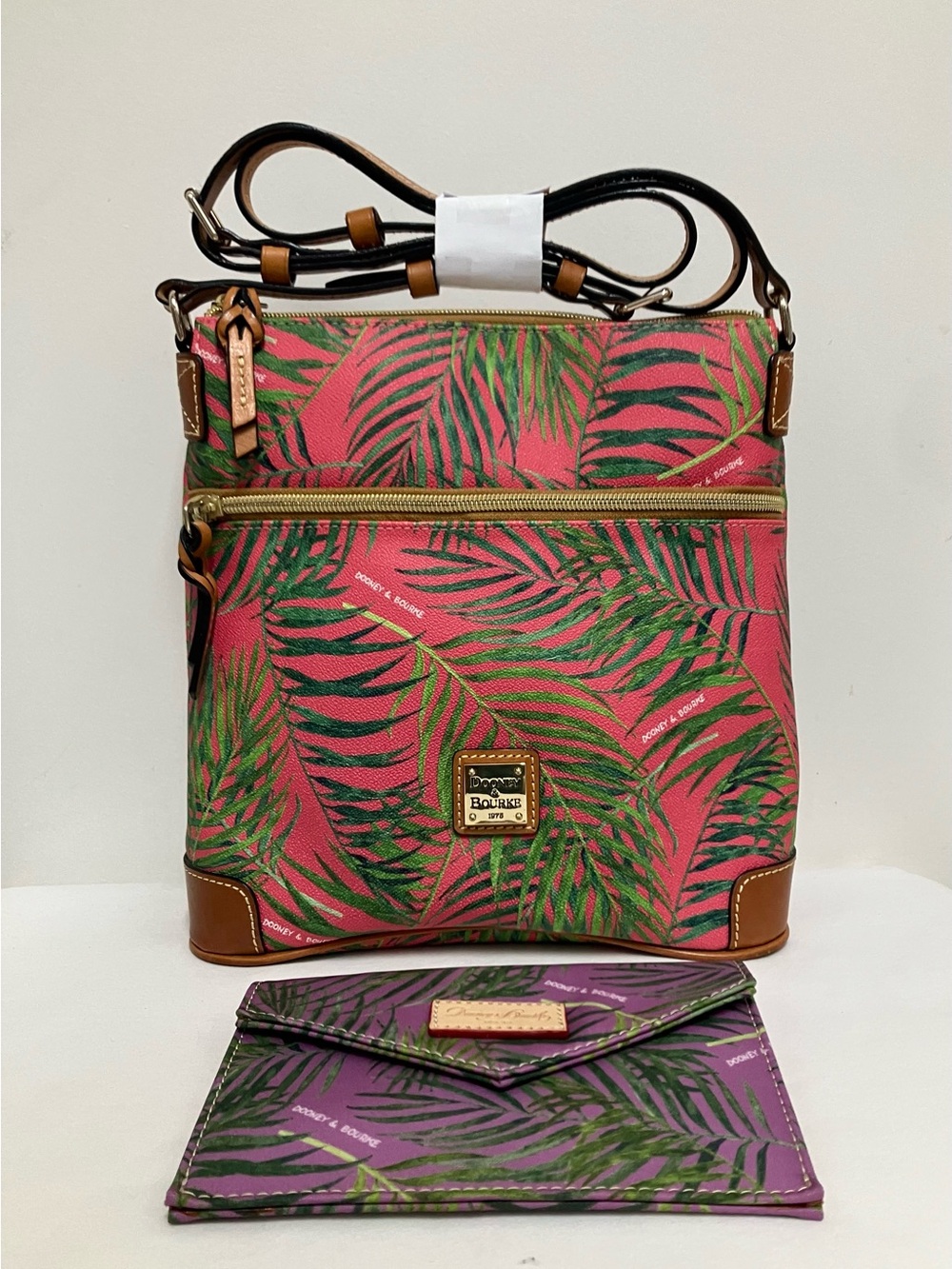 Dooney & Bourke Pink and Green Palm-Print Crossbody and Palm-Print Pouch